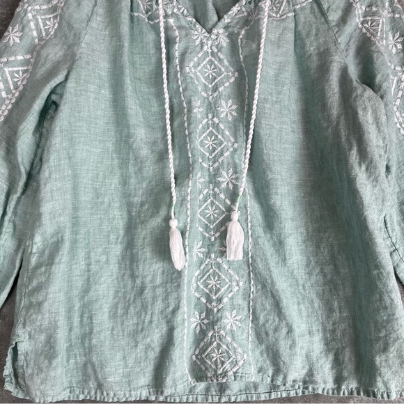 Joie Light Blue 100% Linen Embroidered Peasant Blouse Top Small Lagenlook Tassel - Picture 3 of 14